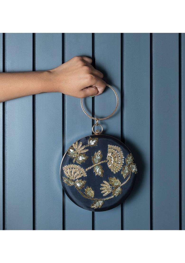 Black Embroidered Silk Clutches - Indya
