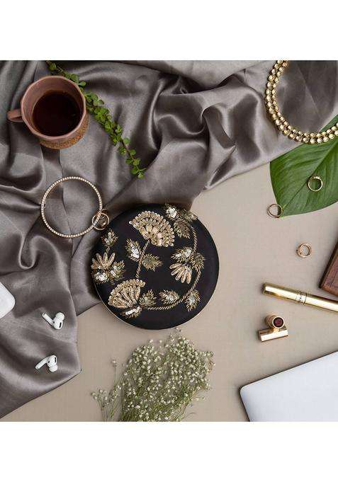 Black Embroidered Silk Clutches