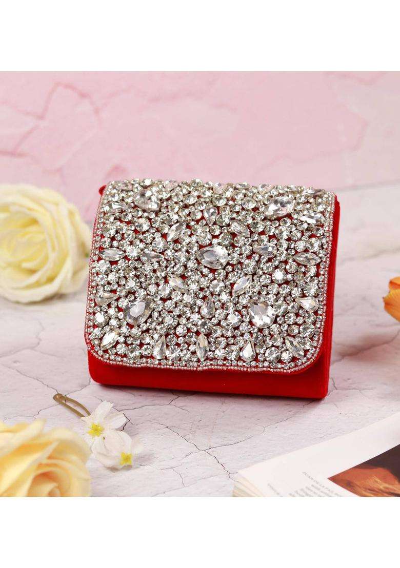 Red Embellished Suede Clutches - Indya