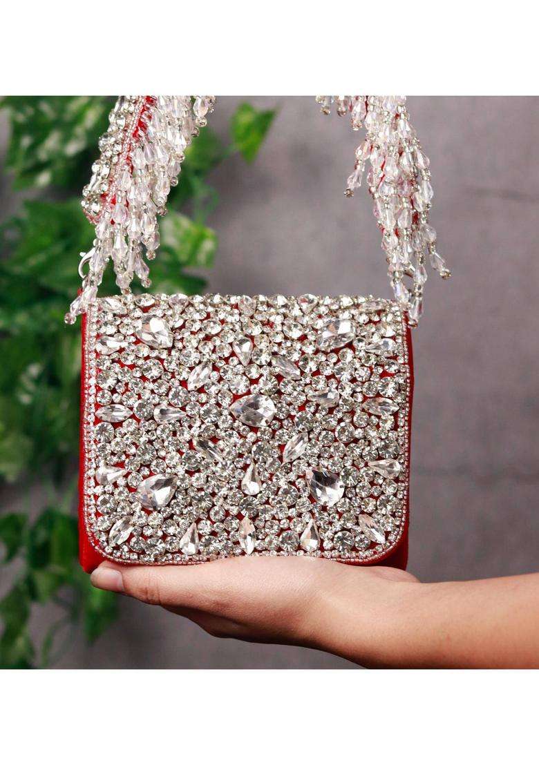 Red Embellished Suede Clutches - Indya
