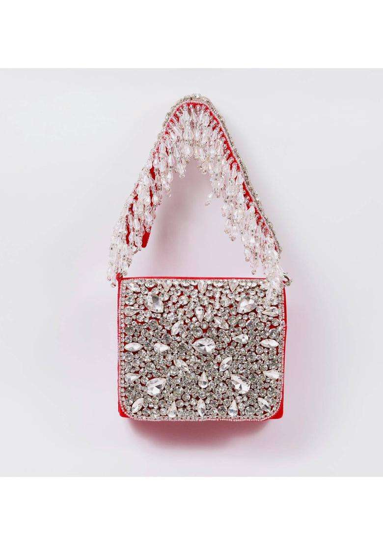 Red Embellished Suede Clutches - Indya