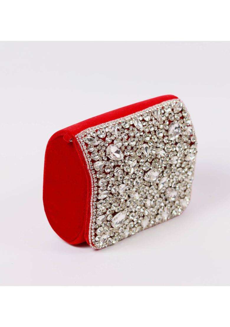 Red Embellished Suede Clutches - Indya