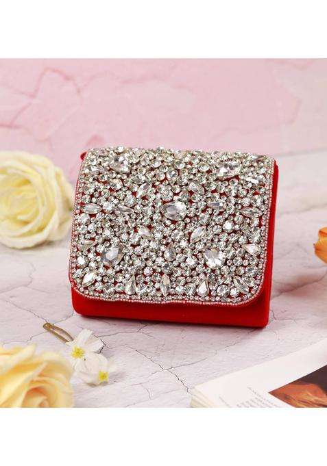 Red Embellished Suede Clutches