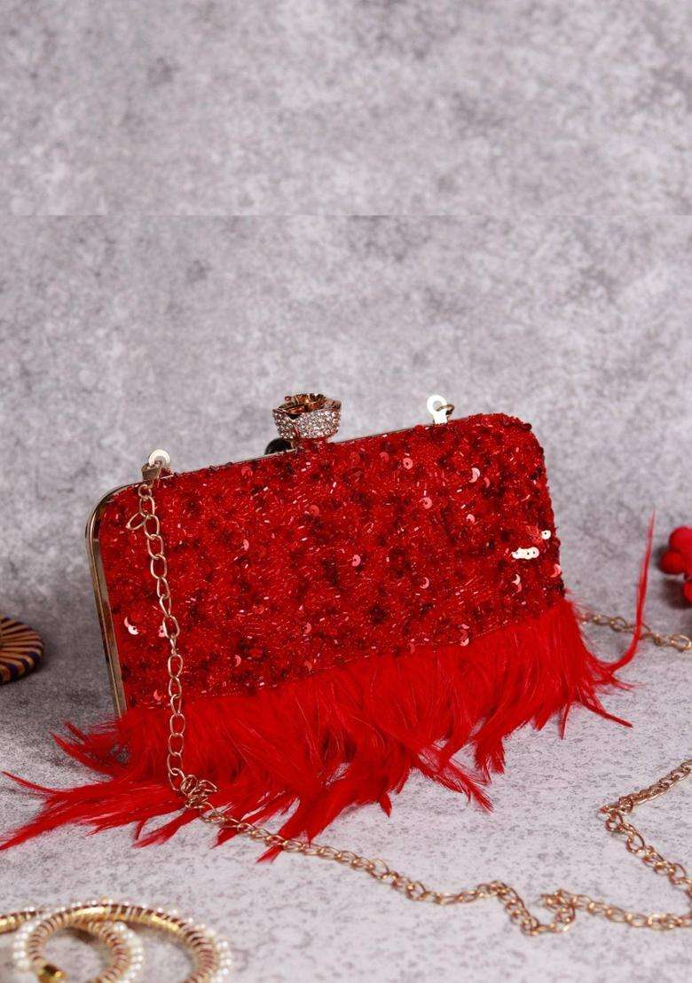 Red Embellished Silk Clutches - Indya