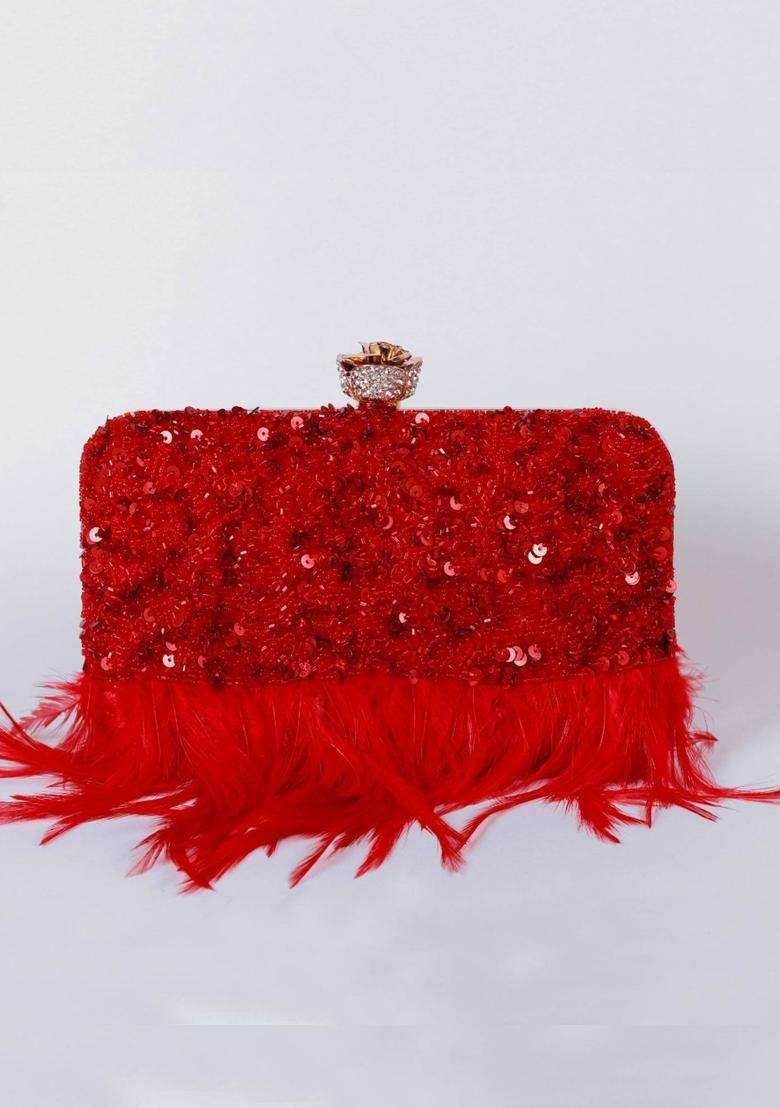 Red Embellished Silk Clutches - Indya