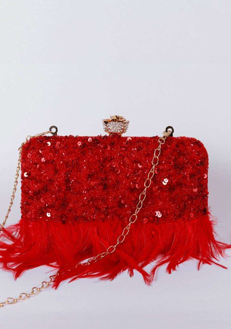 Red Embellished Silk Clutches - Indya