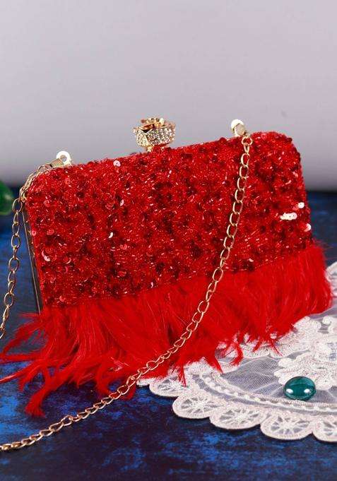 Red Embellished Silk Clutches