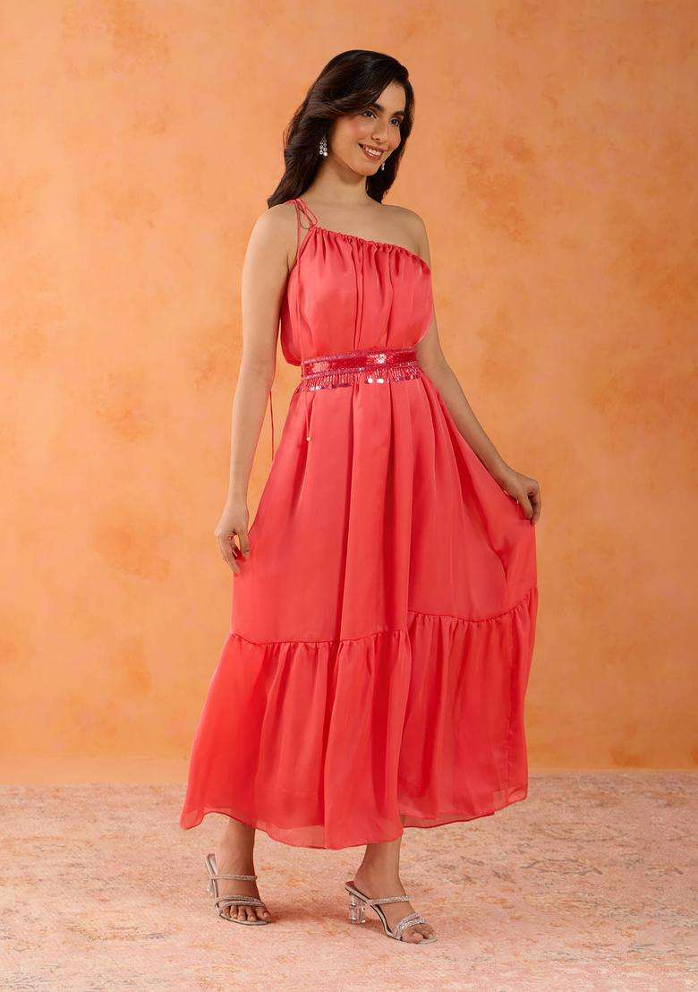 Haldi Pop Coral Satin Georgette One Shoulder Dress with Beaded Belt Set of 2 for Women Festive Wear - Indya