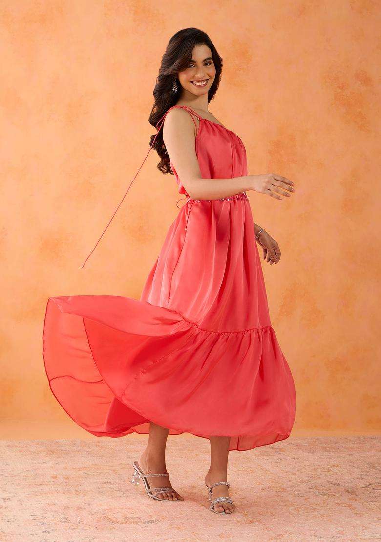 Haldi Pop Coral Satin Georgette One Shoulder Dress with Beaded Belt Set of 2 for Women Festive Wear - Indya