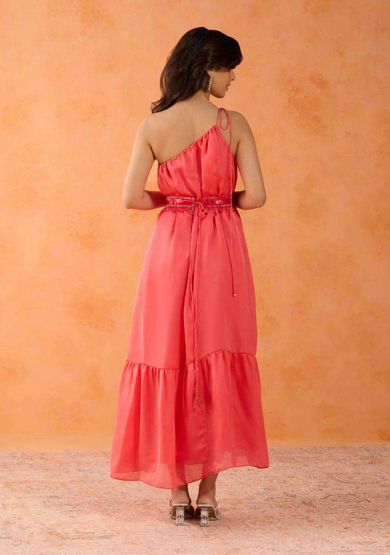 Haldi Pop Coral Satin Georgette One Shoulder Dress with Beaded Belt Set of 2 for Women Festive Wear - Indya