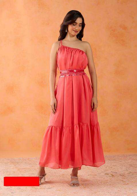 Haldi Pop Coral Satin Georgette One Shoulder Dress with Beaded Belt Set of 2 for Women Festive Wear