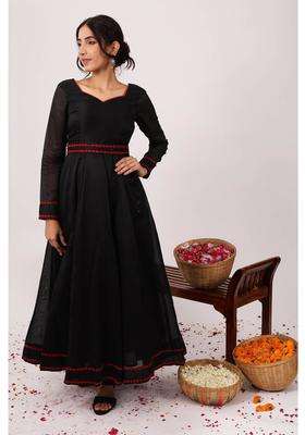Black Royal Chanderi Anarkali Gown with Belt Set of 2 for Women Festive Wear