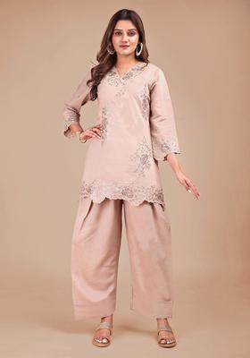 Beige Floral Print Silk Co-Ord Set