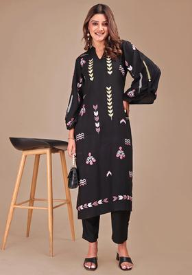 Black Embroidery Viscose Kurta Set