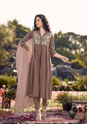 Brown Embroidery Cotton Kurta Set