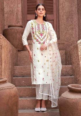 Off White Embroidery Cotton Kurta Set