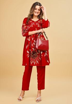 Red Embroidery Viscose Kurta Set