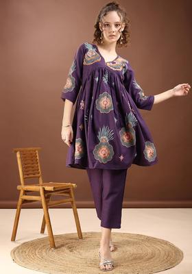 Purple Floral Print Viscose Co-Ord Set