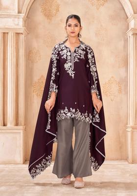 Wine Floral Print Silk Kurta Set