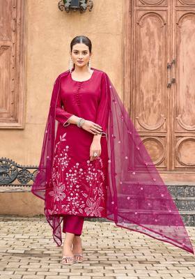 Rani Pink Embroidery Silk Kurta Set
