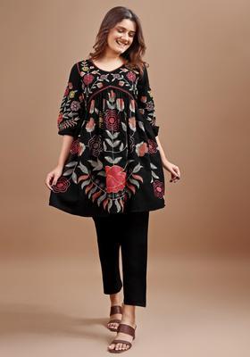 Black Floral Print Viscose Kurta Set