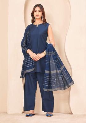 Navy Blue Solid Silk Kurta Set