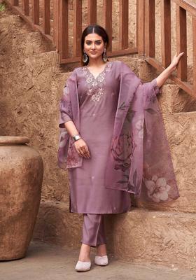 Mauve Embroidery Silk Kurta Set