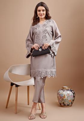 Grey Embroidery Silk Kurta Set