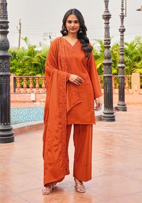 Orange Embroidery Silk Palazzo Set