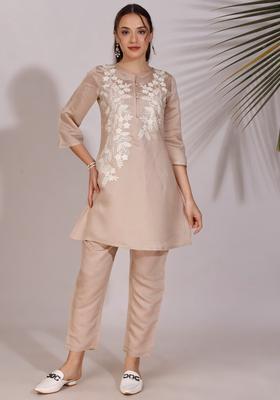 Brown Floral Print Silk Blend Kurta Set