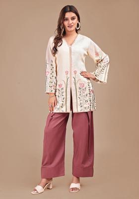 Cream Embroidery Silk Salwar Suit Set