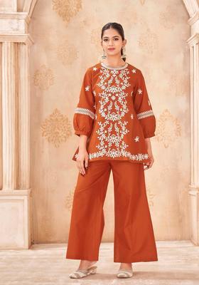 Rust Embroidery Cotton Co-Ord Set
