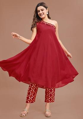 Red Solid Silk Blend Kurta Set
