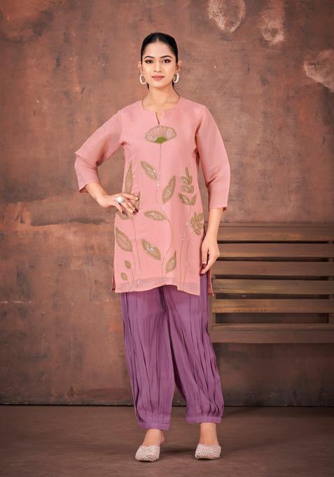 Pink Floral Print Silk Salwar Suit Set — view on Indya