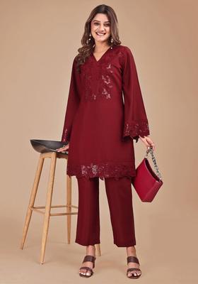 Maroon Floral Print Silk Co-Ord Set