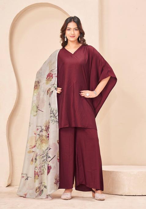 Maroon Floral Print Silk Palazzo Set — view on Indya