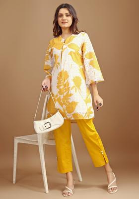 Yellow Floral Print Cotton Kurta Set