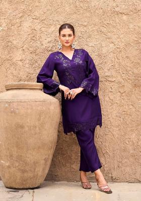 Purple Floral Print Silk Co-Ord Set