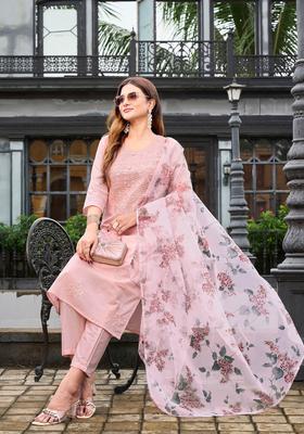 Peach Embroidery Cotton Kurta Set
