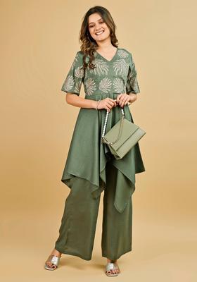 Green Embroidery Silk Palazzo Set
