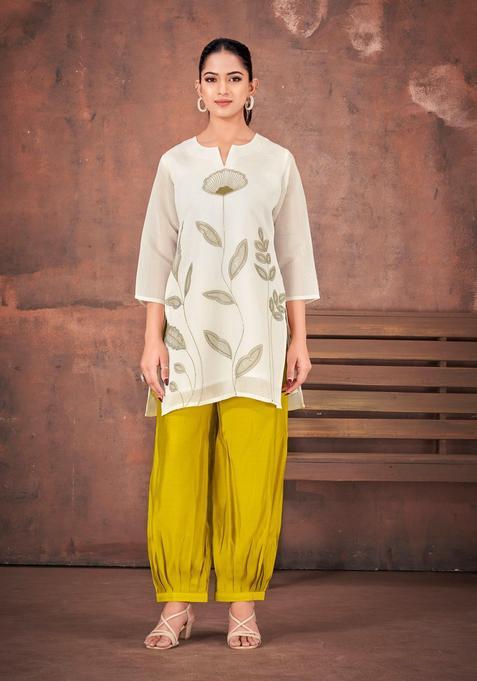 Off White Floral Print Silk Salwar Suit Set — view on Indya
