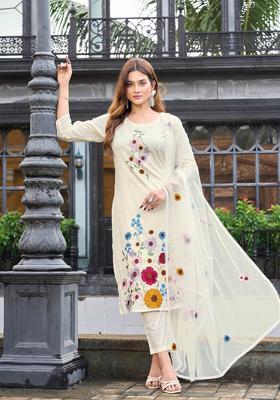 White Floral Print Cotton Kurta Set