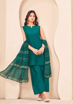 Green Solid Silk Kurta Set