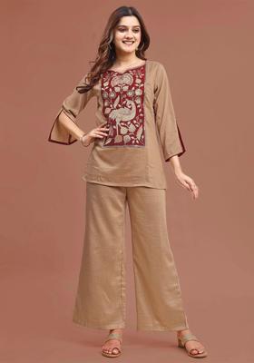Beige Embroidery Silk Co-Ord Set