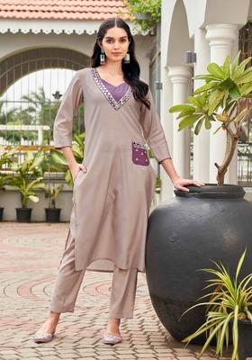 Beige Solid Silk Blend Kurta Set