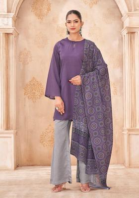 Purple Printed Silk Kurta Set