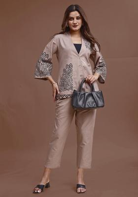 Khaki Embroidery Cotton Co-Ord Set