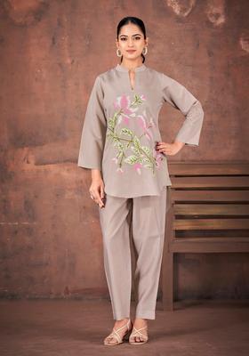 Grey Floral Print Silk Co-Ord Set