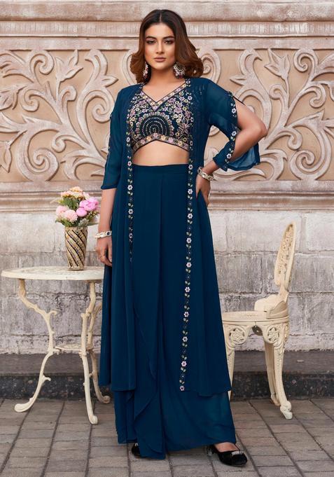 Teal Embroidery Georgette Fusion Set