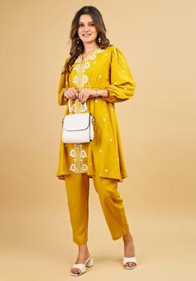 Yellow Embroidery Viscose Kurta Set